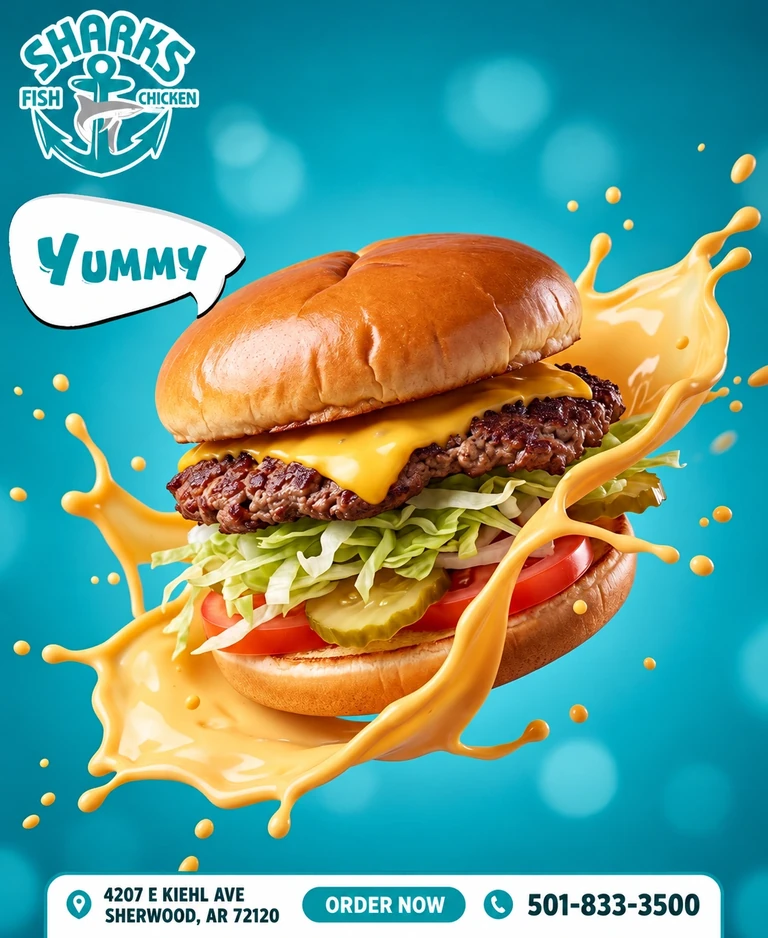 Sharks of Sherwood promotion: Cheeseburger with lettuce, tomato and pickles. 4207 E Kiehl Ave, Sherwood, AR 72120; 501-833-3500.