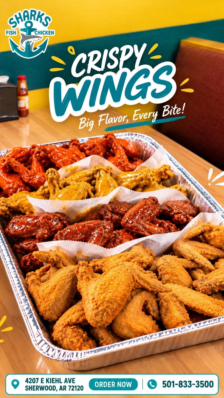 Sharks of Sherwood promotion: Tray of crispy and sauced chicken wings. 4207 E Kiehl Ave, Sherwood, AR 72120; 501-833-3500.
