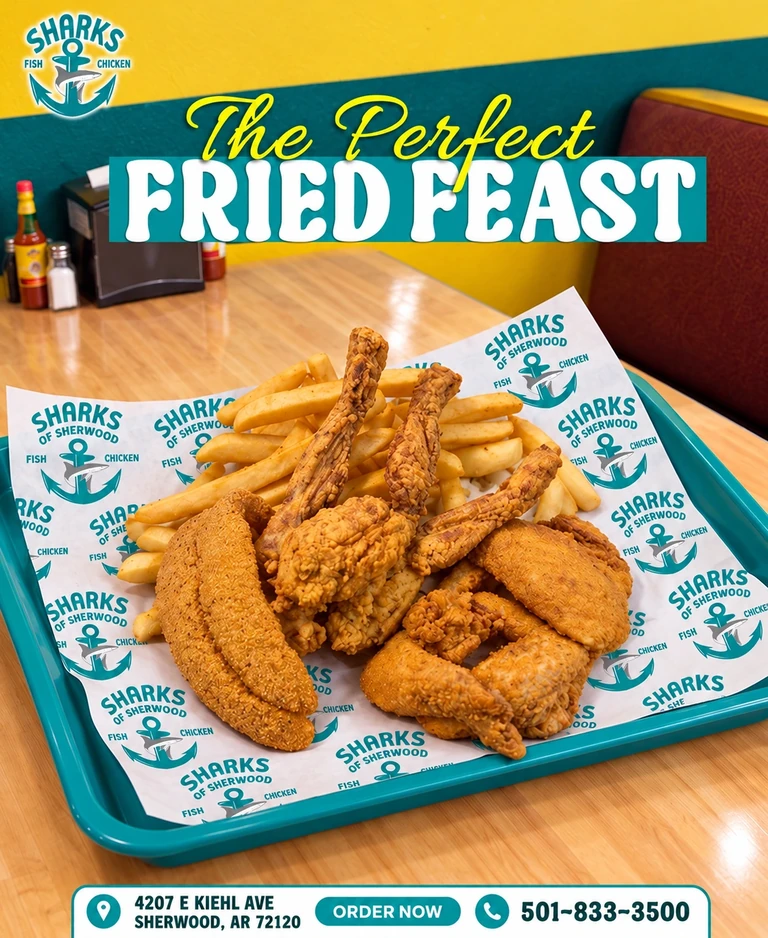 Sharks of Sherwood promotion: Fried fish and chicken wings with fries. 4207 E Kiehl Ave, Sherwood, AR 72120; 501-833-3500.