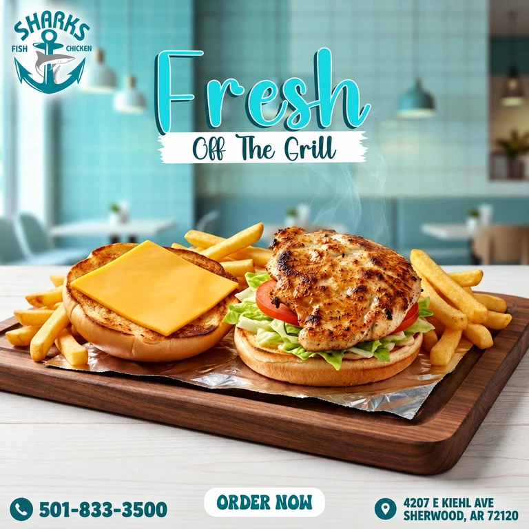 Sharks of Sherwood promotion: Grilled chicken sandwich with cheese and fries. 4207 E Kiehl Ave, Sherwood, AR 72120; 501-833-3500.