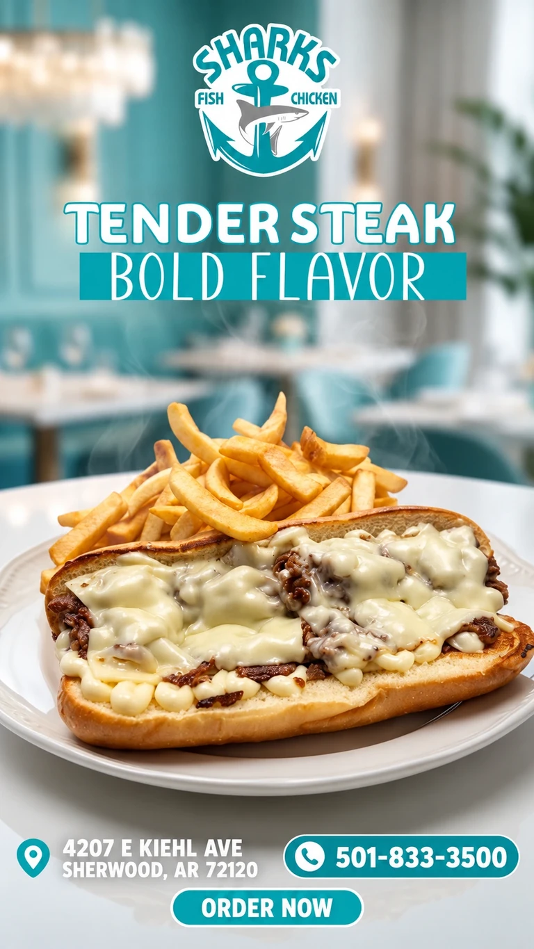 Sharks of Sherwood promotion: Philly steak sandwich with melted cheese and fries. 4207 E Kiehl Ave, Sherwood, AR 72120; 501-833-3500.