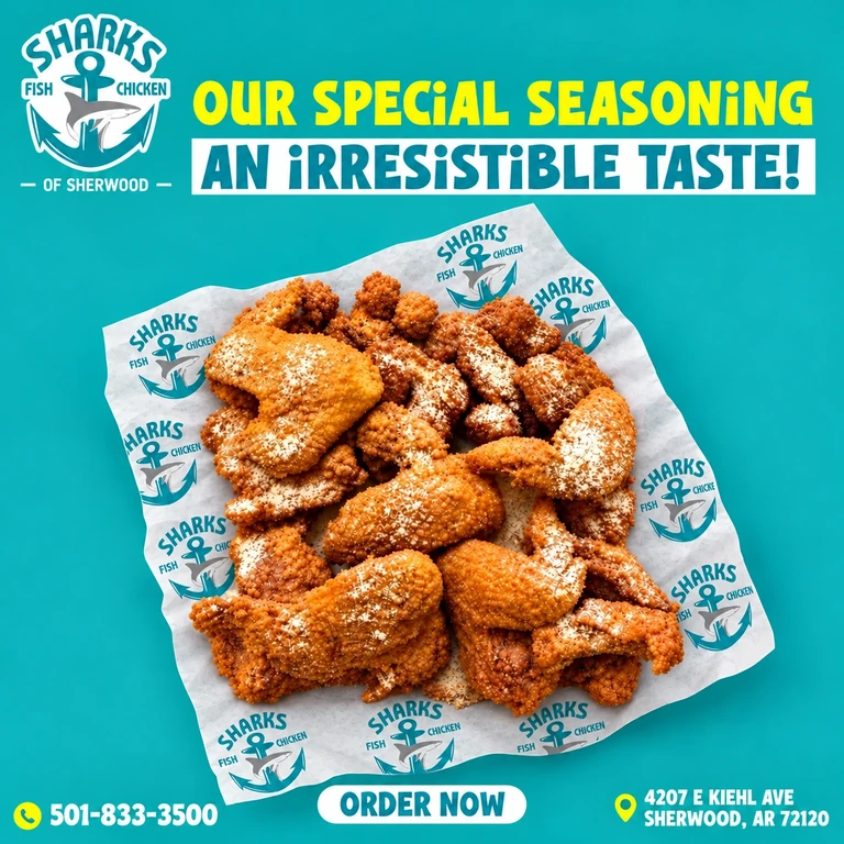 Sharks of Sherwood: Our special seasoning, an irresistible taste. 4207 E Kiehl Ave, Sherwood, AR 72120; 501-833-3500.