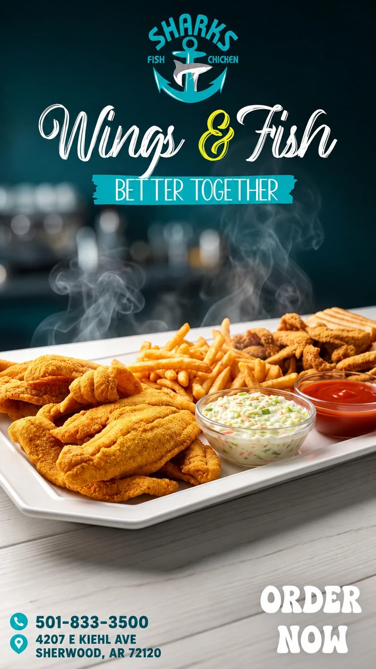 Sharks of Sherwood promotion: Wings and fried fish platter with fries and coleslaw. 4207 E Kiehl Ave, Sherwood, AR 72120; 501-833-3500.